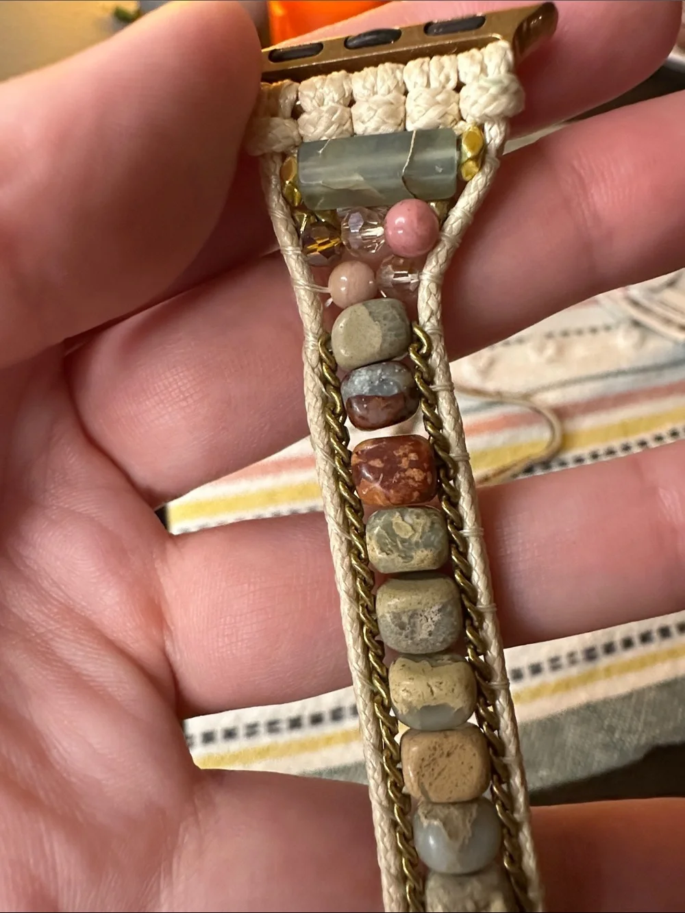 Apple Watch Strap Beige Crystal Beaded Boho Macrame Wrap Adjustable Bracelet